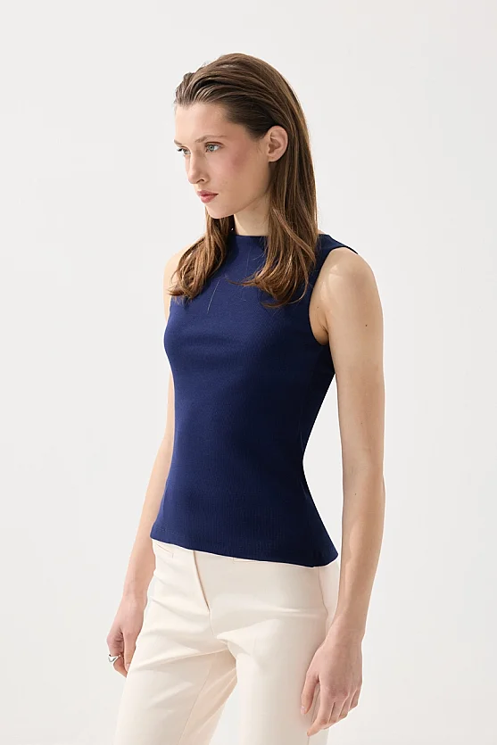 Boat Neck Cotton Tank Blouse - Navy Blue - 5