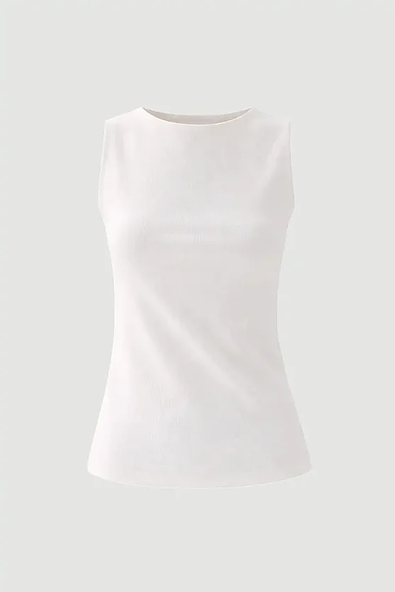 Boat Neck Cotton Tank Blouse - White - 6