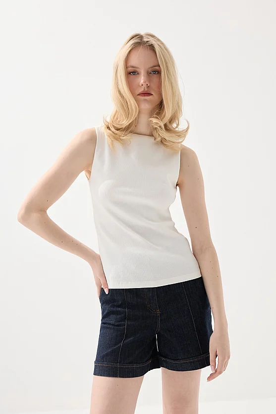 Boat Neck Cotton Tank Blouse - White - 1