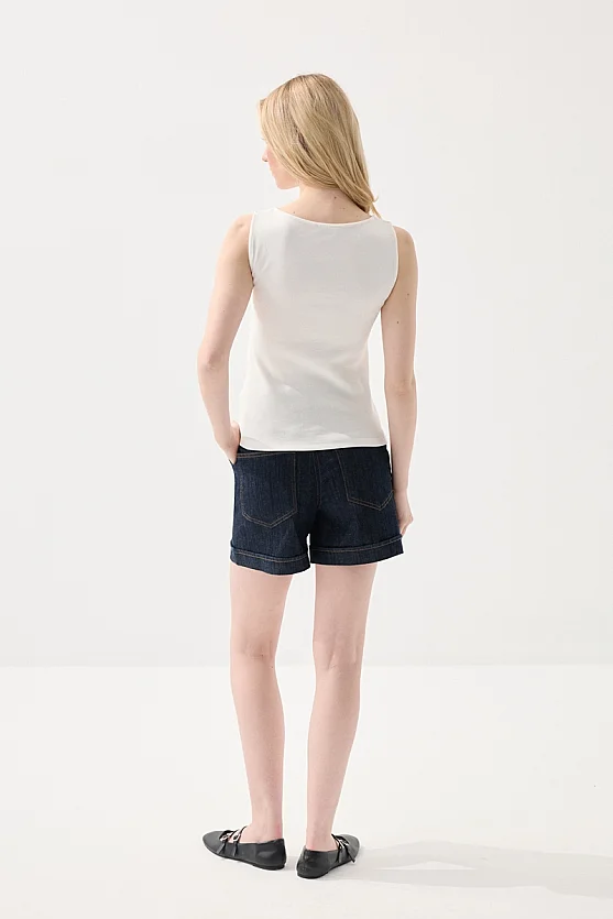 Boat Neck Cotton Tank Blouse - White - 5