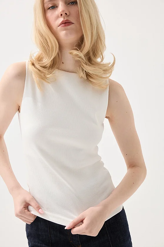 Boat Neck Cotton Tank Blouse - White - Gusto