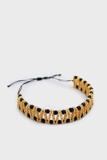 Brass Bracelet with Natural Stone String - Black Black