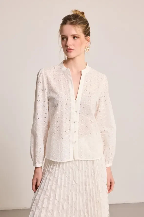 Broderie Cotton Blouse - White - Gusto