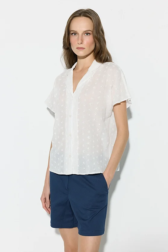 Broderie Cotton Drop Sleeve Blouse - White - 3