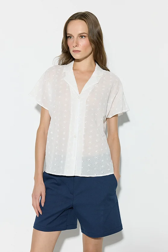 Broderie Cotton Drop Sleeve Blouse - White - Gusto