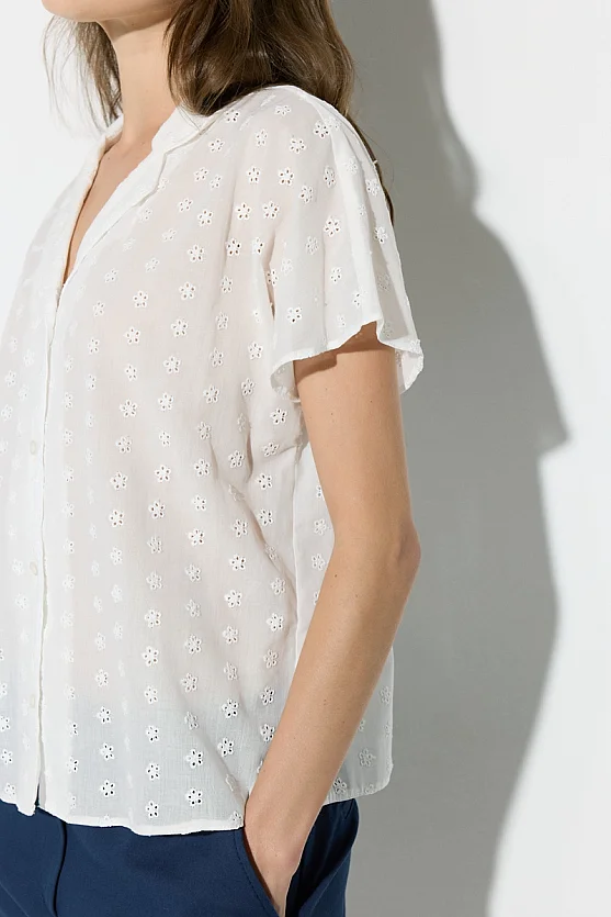 Broderie Cotton Drop Sleeve Blouse - White - 5