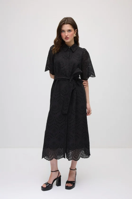 Broderie Cotton Long Shirt Dress - Black - Gusto