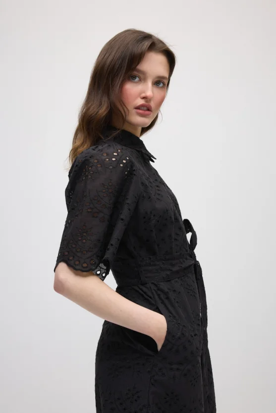 Broderie Cotton Long Shirt Dress - Black - 5
