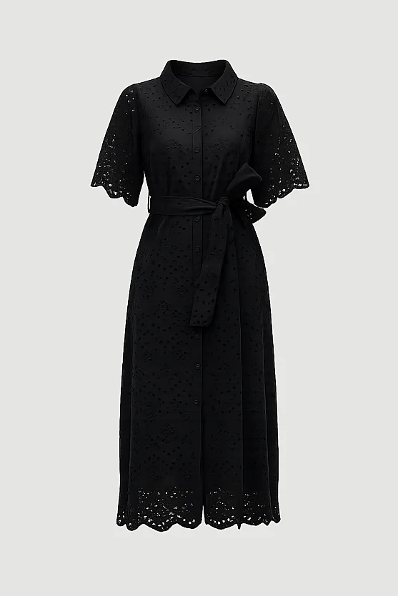 Broderie Cotton Long Shirt Dress - Black - Gusto