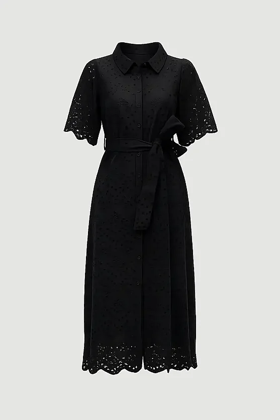 Broderie Cotton Long Shirt Dress - Black - Gusto