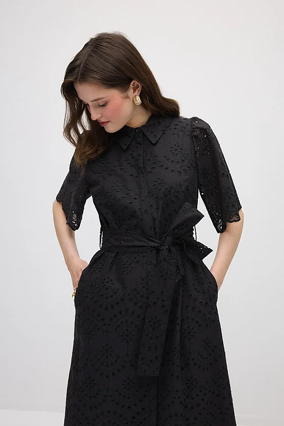 Broderie Cotton Long Shirt Dress - Black - 2