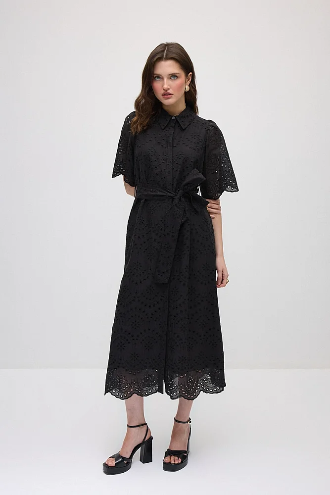 Broderie Cotton Long Shirt Dress - Black Black