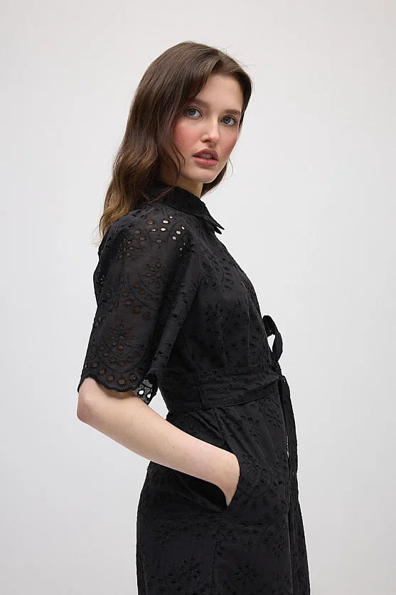 Broderie Cotton Long Shirt Dress - Black - Gusto