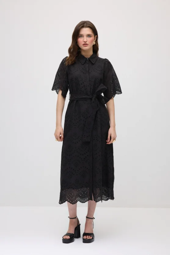 Broderie Cotton Long Shirt Dress - Black - Gusto