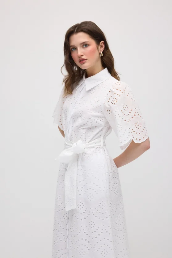 Broderie Cotton Long Shirt Dress - White - 2