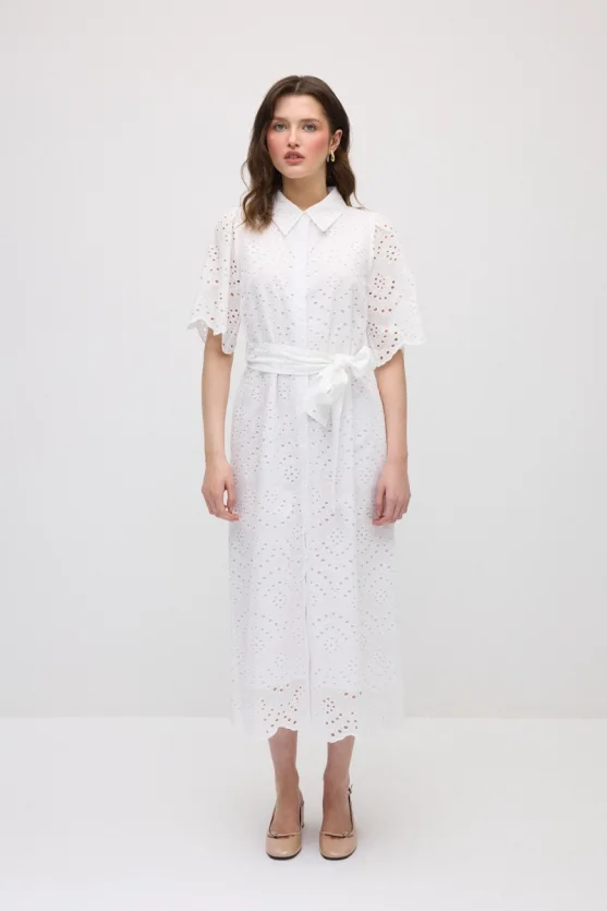 Broderie Cotton Long Shirt Dress - White - 1