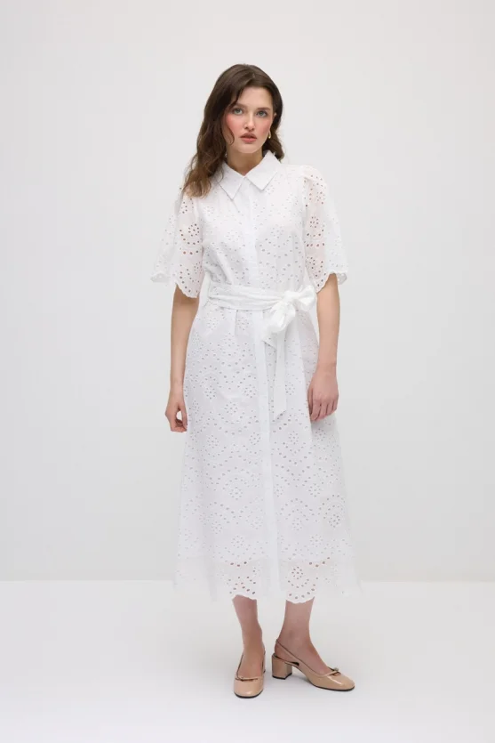 Broderie Cotton Long Shirt Dress - White - 3