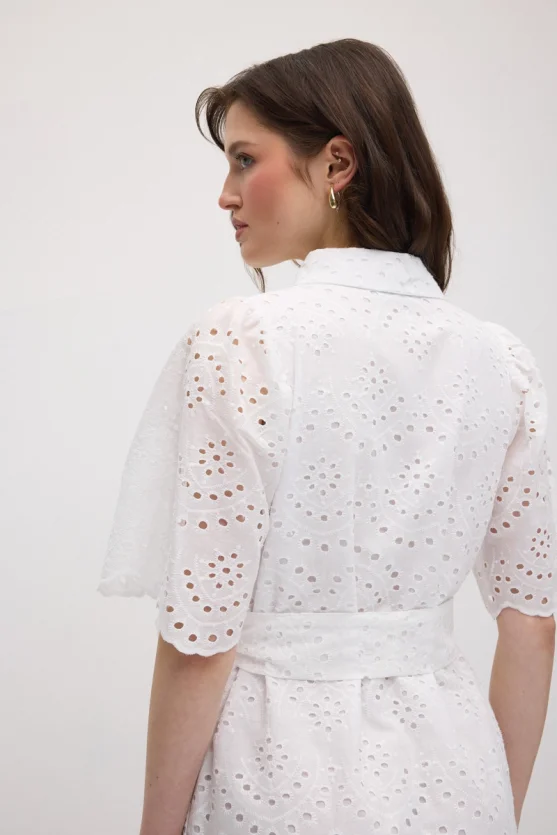 Broderie Cotton Long Shirt Dress - White - 6