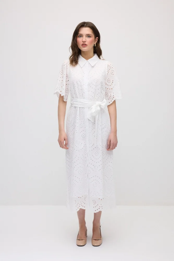 Broderie Cotton Long Shirt Dress - White