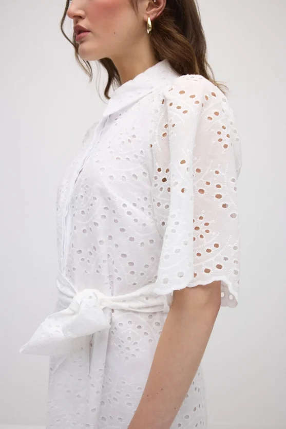 Broderie Cotton Long Shirt Dress - White - Gusto