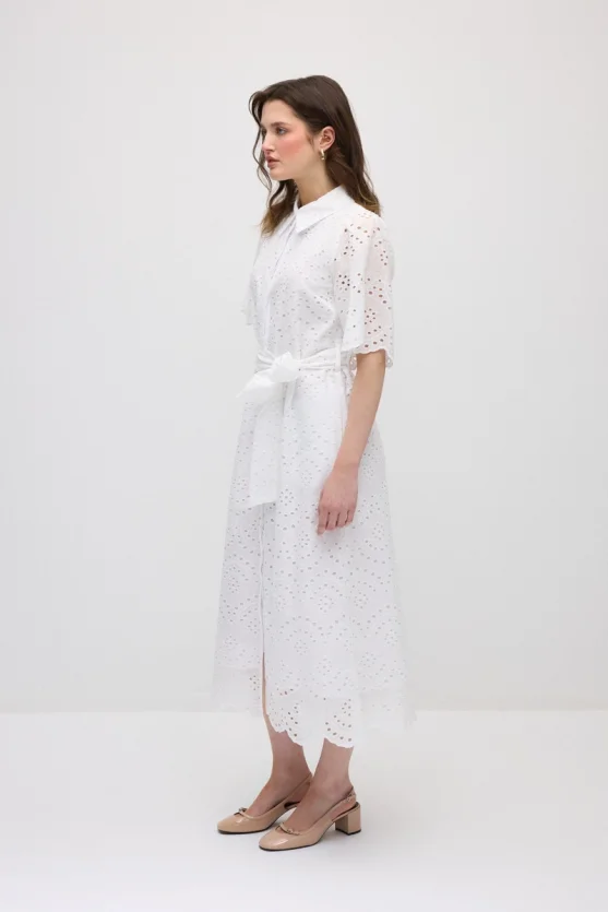 Broderie Cotton Long Shirt Dress - White - Gusto