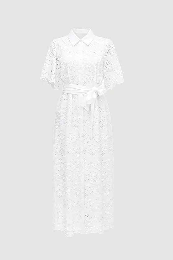 Broderie Cotton Long Shirt Dress - White - Gusto