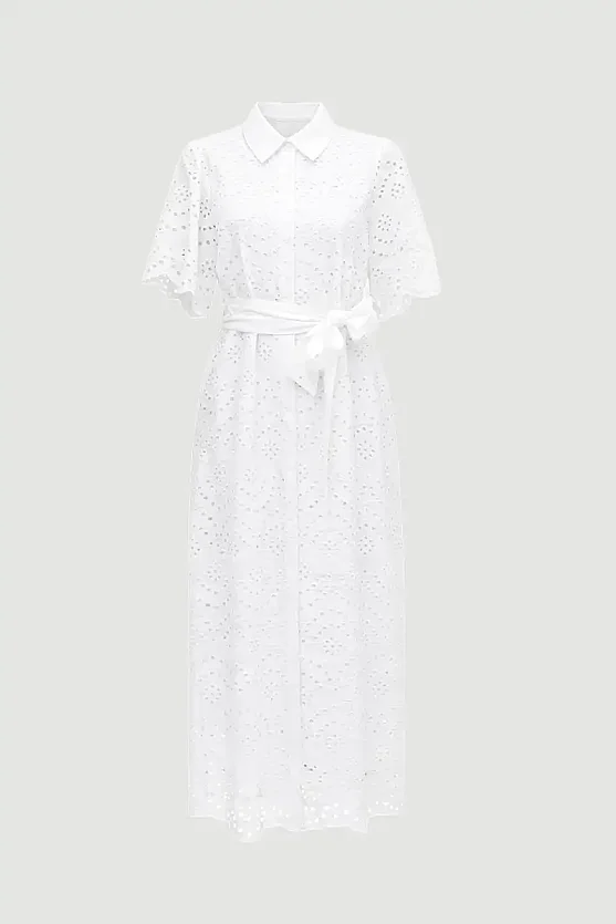 Broderie Cotton Long Shirt Dress - White - Gusto