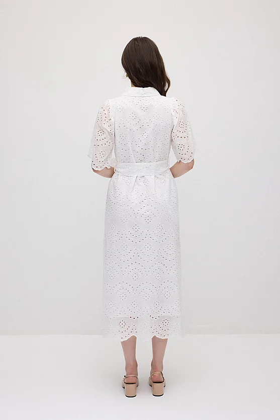 Broderie Cotton Long Shirt Dress - White - Gusto