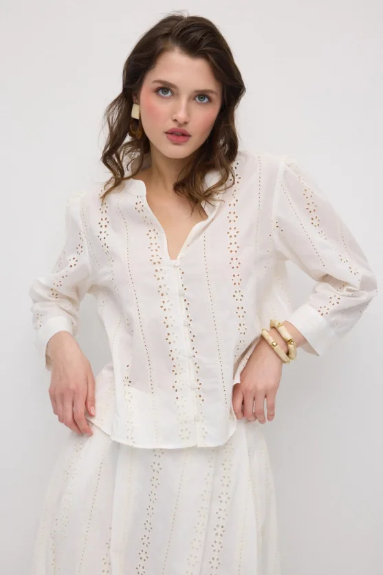 Broderie Cotton Shirt - White - 1
