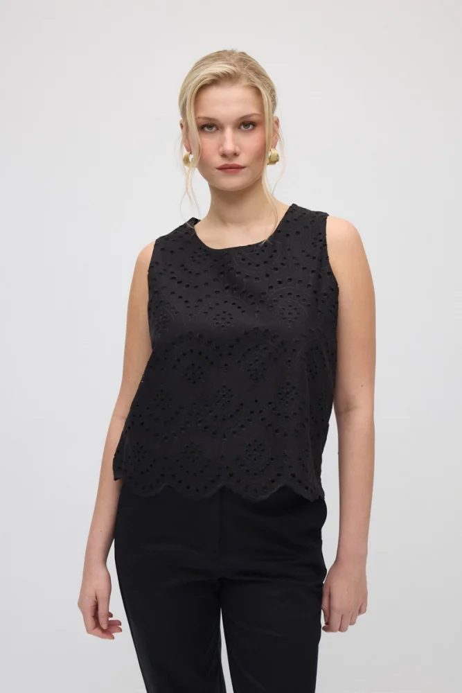 Broderie Cotton Tank Blouse - Black Black