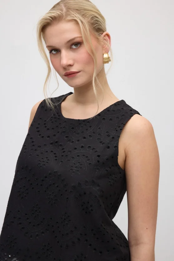 Broderie Cotton Tank Blouse - Black - 4
