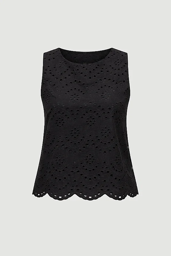 Broderie Cotton Tank Blouse - Black - 6