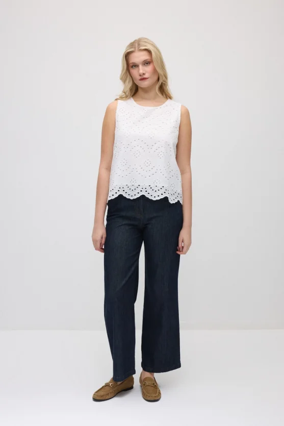 Broderie Cotton Tank Blouse - White - 2