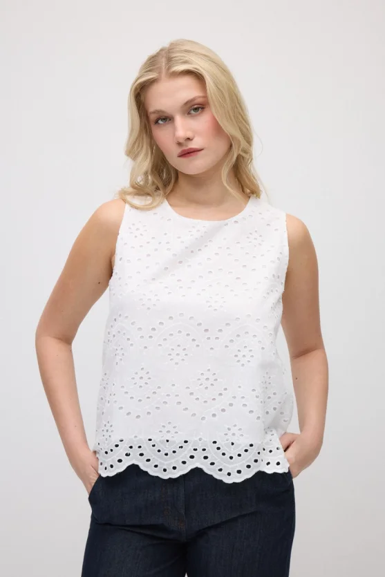 Broderie Cotton Tank Blouse - White - Gusto