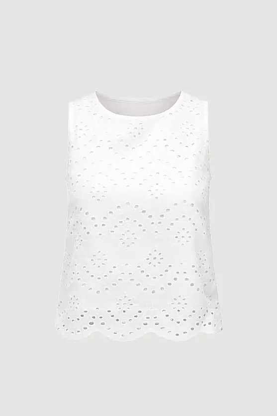 Broderie Cotton Tank Blouse - White - Gusto