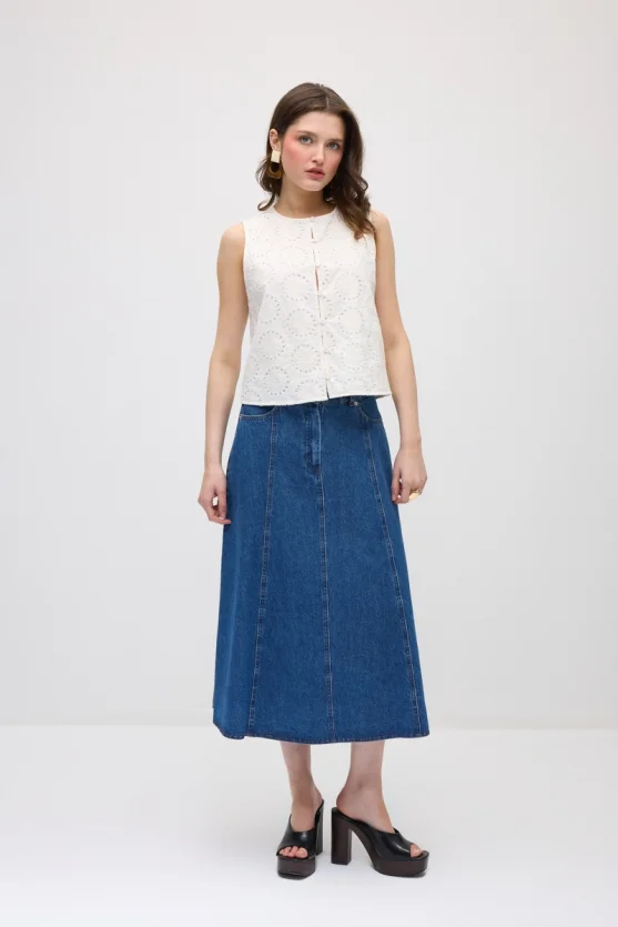 Broderie Cotton Vest - White - Gusto