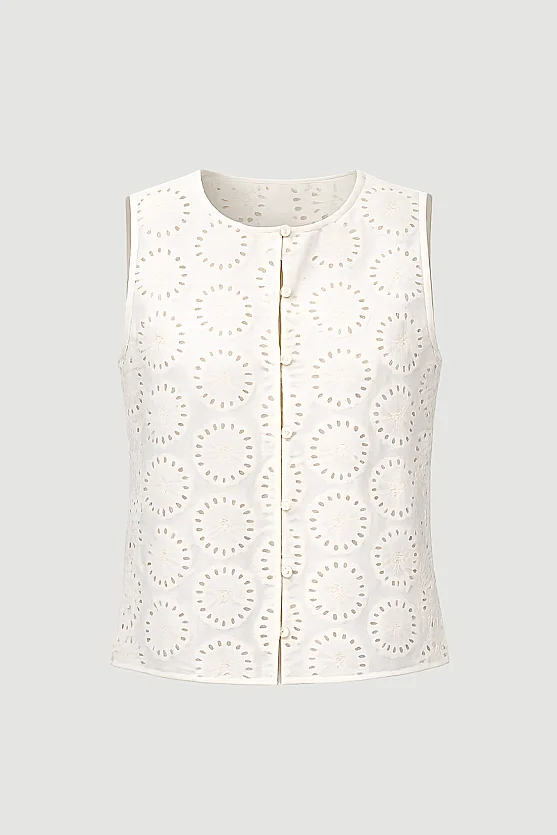 Broderie Cotton Vest - White - Gusto