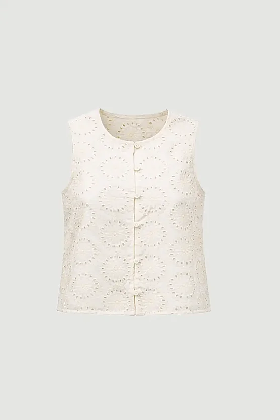Broderie Cotton Vest - White - Gusto