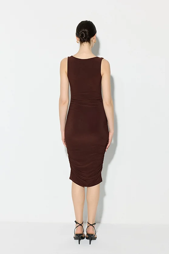Buckle Detail Gathered Jersey Midi Dress - Brown - Gusto