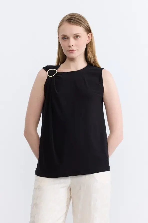 Buckle Detail Jersey Blouse - Black - 1