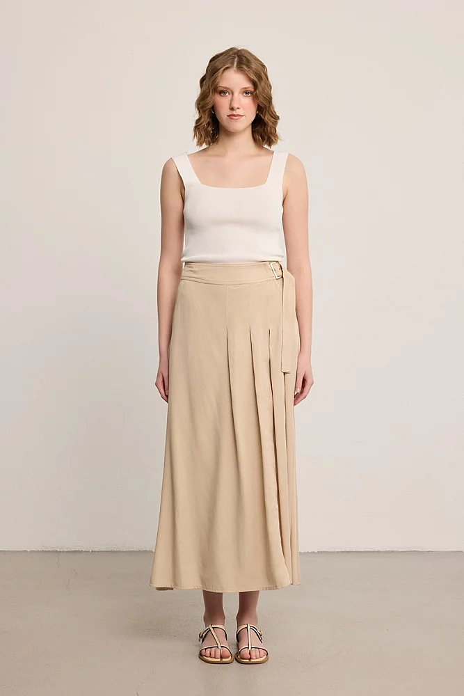 Buckle Detail Pleated Tencel Maxi Skirt - Beige Beige