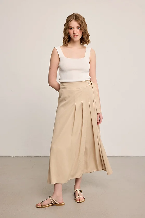 Buckle Detail Pleated Tencel Maxi Skirt - Beige - 2