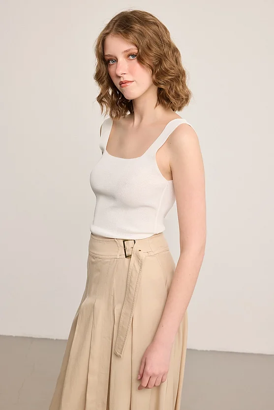Buckle Detail Pleated Tencel Maxi Skirt - Beige - 4