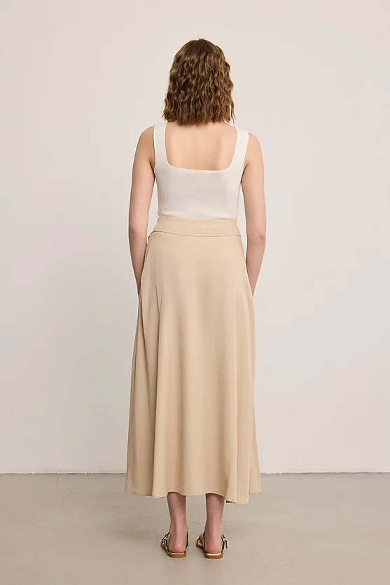 Buckle Detail Pleated Tencel Maxi Skirt - Beige - 6