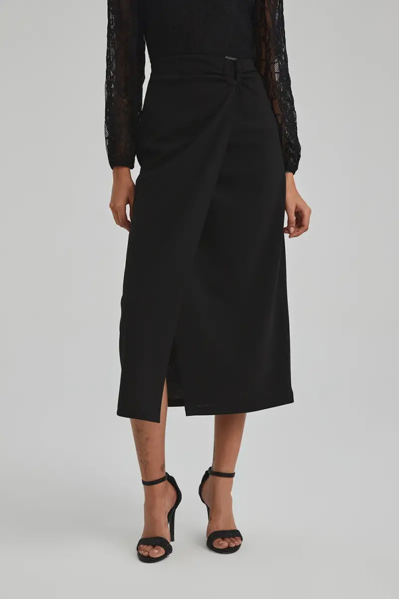 Buckle Long Skirt - Black - 1