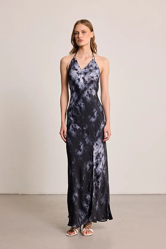 Butterfly Collection Halter Neck Maxi Dress - Black - Gusto