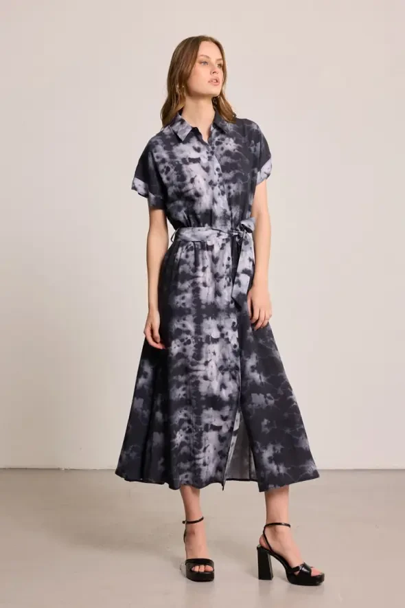 Butterfly Collection Long Dress with Belt - Black - 2