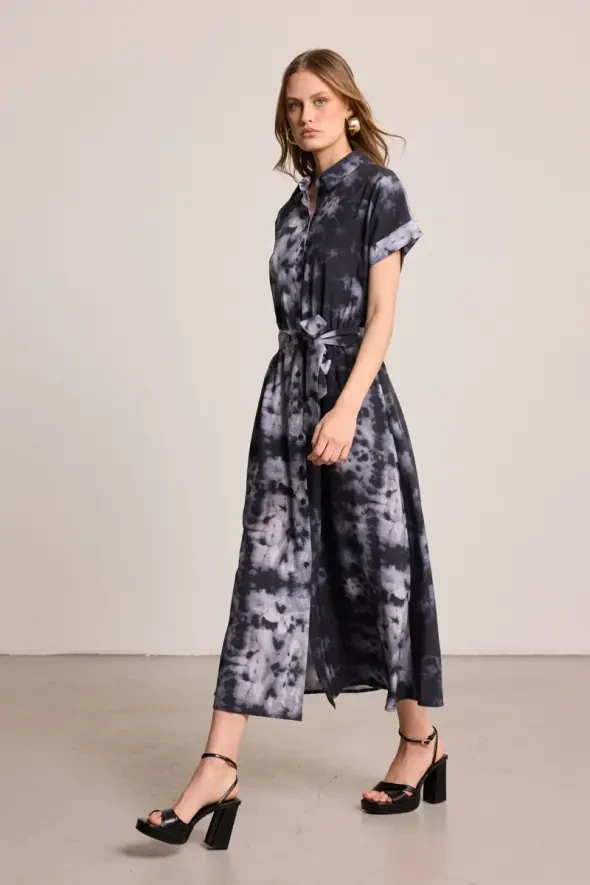 Butterfly Collection Long Dress with Belt - Black - 3