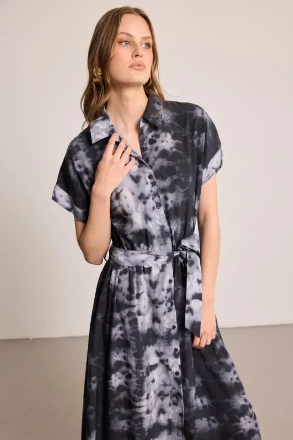 Butterfly Collection Long Dress with Belt - Black - 5