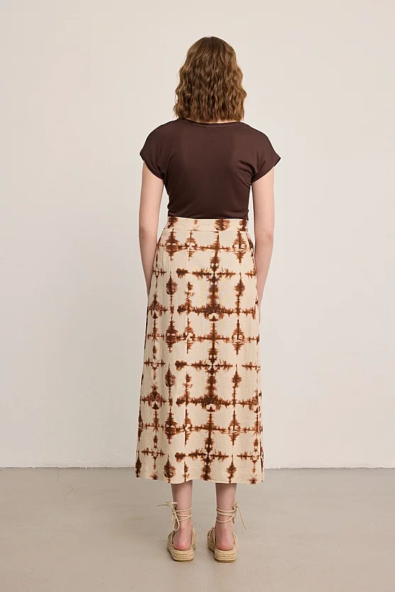 Butterfly Collection Patterned Linen Maxi Skirt - Brown - 5
